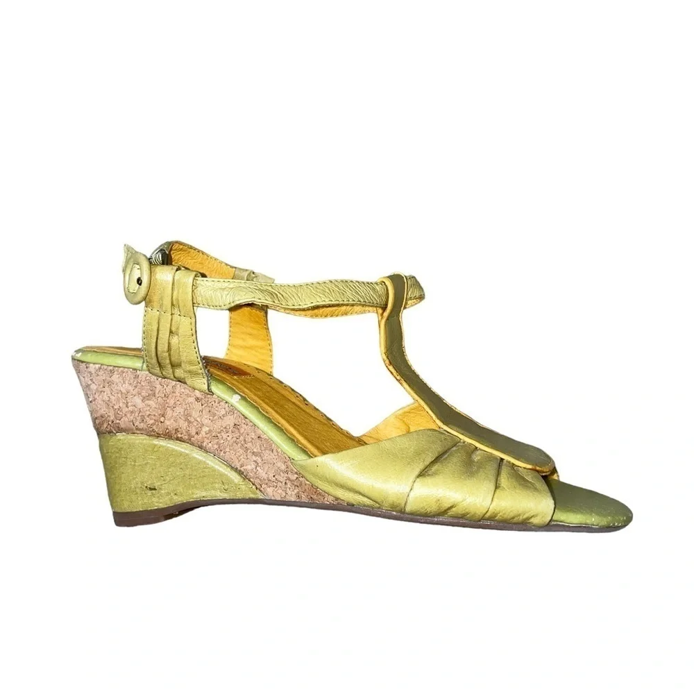 Mizz Mooz wedge sandals green & yellow ankle strap open toe SZ 39 US 8 70's